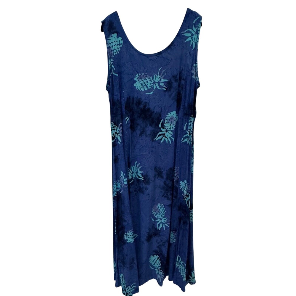 Bali Batiks Pineapple Print long Tank Dress Sleeveless Casual Blue 1X Hawaii‎